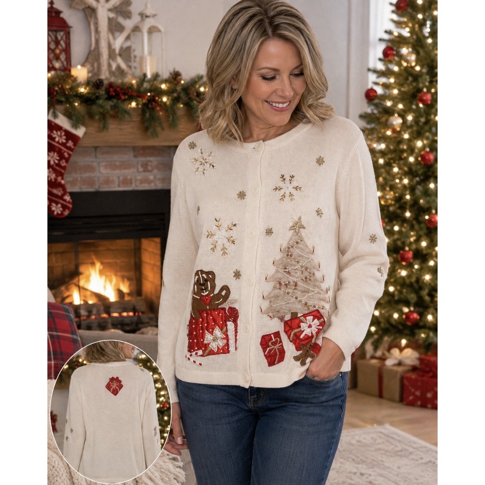 Bobbie Brooks Christmas Cardigan L 12/14 Teddy Bear Tree Beaded Applique Sweater